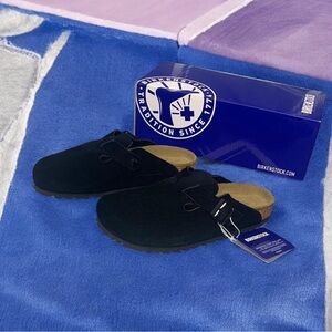 Birkenstock Boston Black Suede Mules -Narrow Fit